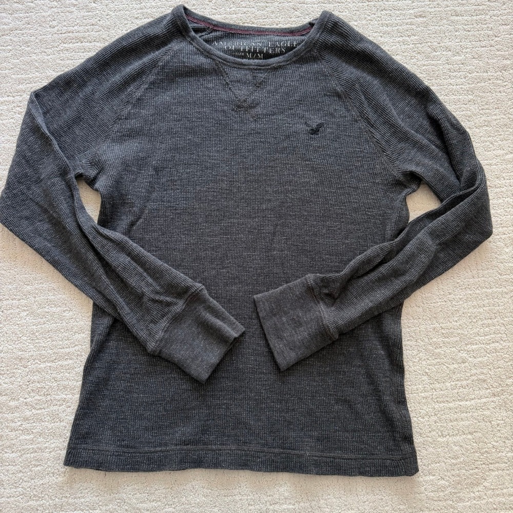 American Eagle Mens Thermal Henley Shirt Gray Waffle Knit Long Sleeve Cotton M